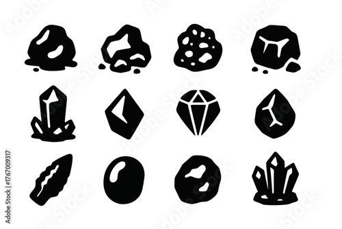 Mineral Treasure Icons. Solid style icons of mineral treasures: Gold nugget, silver ore, copper chunk, iron deposit, emerald