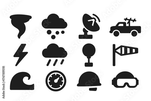 Severe Weather Icons. Solid style icons of Severe Weather Events: Twister, Hailstone, Doppler Radar, Storm Chaser Truck, Lightning
