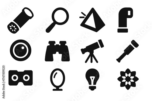 Optical Toys Icons. Solid style icons of Optical Toys: Kaleidoscope, Magnifying Glass, Prism, Periscope, Lens, Binoculars,