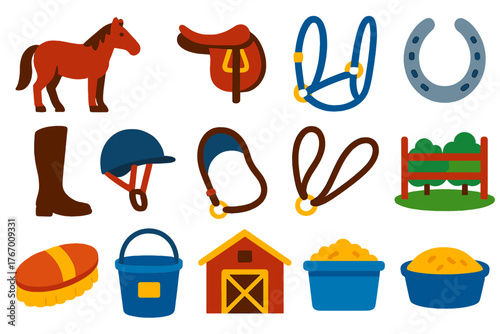 Horse Care Icons. Flat vector icons of Horse Care: horse, saddle, bridle, horseshoe, riding boot, helmet, reins, paddock, stable,