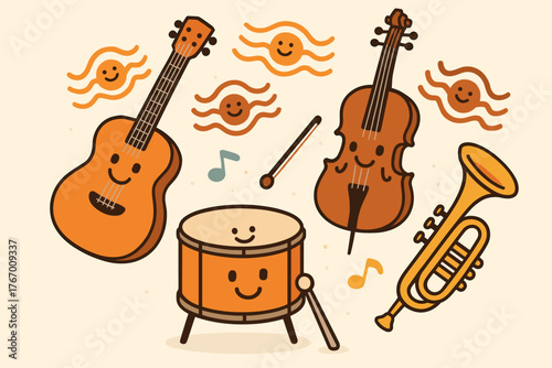 Joyful Musical Circle. Friendly musical instruments forming a circle, each emitting smiling sound waves
