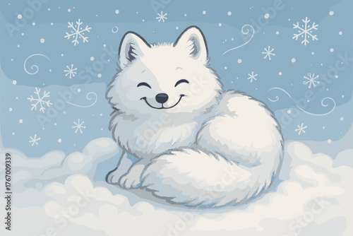 Smiling Arctic Fox. Smiling arctic fox curled up in fluffy snow, tiny doodle snowflakes swirling around