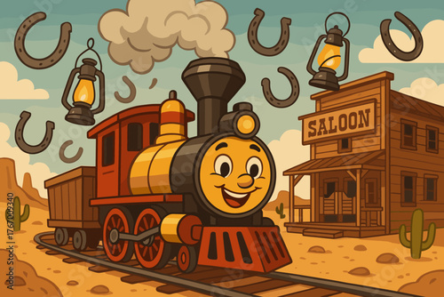 Desert Train Adventure. Friendly desert train chugging past a saloon, horseshoes and lanterns dancing in the air