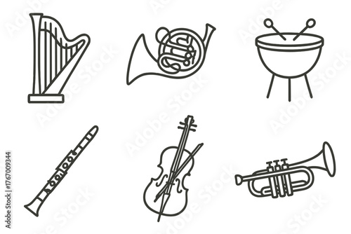 Symphony Instrument Icons. Line style icons of symphony instruments: harp, French horn, timpani, clarinet, cello, trumpet. No text