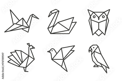 Origami Bird Icons. Line style icons of origami birds: crane, swan, owl, peacock, dove, parrot. No text, No labels, isolated