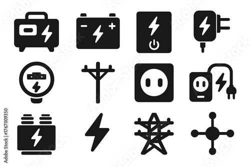 Power Supply Icons. Solid style icons of Power Supply: generator unit, battery pack, inverter box, wall charger, electric meter,