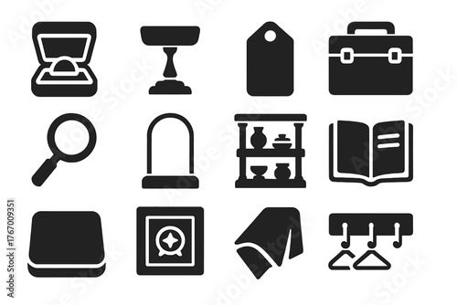 Antique Display Icons. Solid style icons of Antique collection and display: velvet box, display stand, label tag, collector’s case