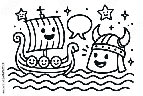 Joyful Longship Chat. Playful doodle vector scene of a longship and helmet chatting joyfully, with doodle waves, sparkles, and