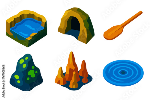 Subterranean River Icons. Isometric vector illustration set Subterranean River: Underground Lake, Cave Entrance, Canoe Paddle,