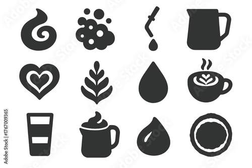 Coffee and Milk Icons. Solid style icons of Milk and foam textures: milk swirl, microfoam texture, steam wand, milk jug, foam