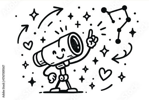 Happy Finderscope Constellations. Charming doodle vector composition of a finderscope character happily pointing at constellations