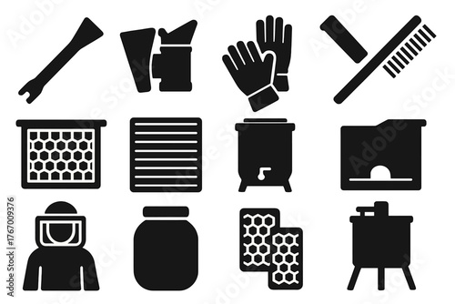 Beekeeping Tools Icons. Solid style icons of Beekeeping Tools: Hive Tool, Smoker, Gloves, Brush, Frame, Queen Excluder, Extractor,