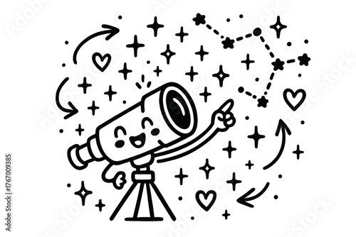 Happy Finderscope Constellations. Charming doodle vector composition of a finderscope character happily pointing at constellations