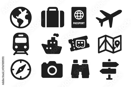 Travel Icons Collection. Solid style icons of Travel and navigation: globe, suitcase, passport, airplane, train, ship, bus ticket,