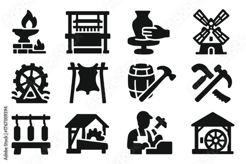 Traditional Industry Icons. Solid style icons of Traditional Industry: blacksmith forge, loom weaving, pottery wheel, windmill,