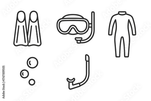 Scuba Diving Essentials Icons. Line style icons of scuba diving basics: fins, mask, regulator, bubbles, snorkel, wetsuit. No text,