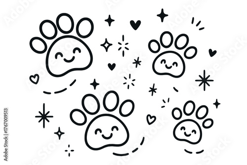 Playful Paw Prints. Adorable doodle vector design of playful paw prints with smiling faces, hopping around among doodle sparkles,