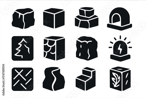 Ice Art Icons. Solid style icons of Ice Art Techniques: rough cut, smooth polish, layered carving, hollowed design, relief carving