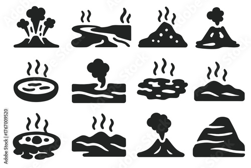 Thermal Landscape Icons. Solid style icons of Thermal Landscapes: geyser field, hot spring river, mineral slope, steaming pond,