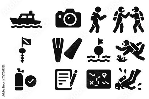 Diving Expedition Icons. Solid style icons of Diving Expedition: dive boat, gear bag, underwater camera, buddy system, descent