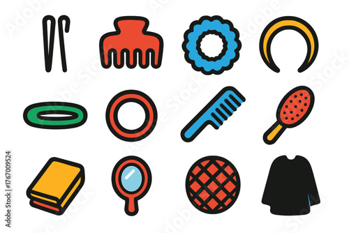 Hair Accessories Icons. Flat vector icons of Hair Accessories: hairpin, clip, scrunchie, headband, barrette, elastic band, comb,