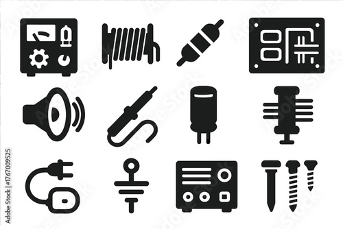 Radio Repair Icons. Solid style icons of Radio repair and parts: tube tester, wire coil, resistor, circuit board, speaker cone,