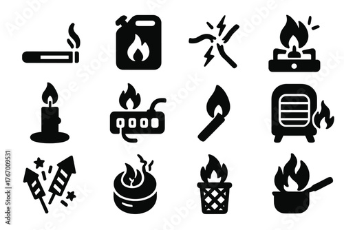 Fire Hazards Icons. Solid style icons of Fire hazards and causes: lit cigarette, gas can, exposed wire, stove flame, candle,