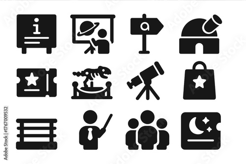Observatory Feature Icons. Solid style icons of Observatory visitor features: info panel, educational screen, guided tour sign,