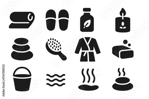 Spa Accessory Icons. Solid style icons of Spa Accessories: Towel, Slippers, Oil Bottle, Candle, Stone, Brush, Robe, Soap, Bucket,