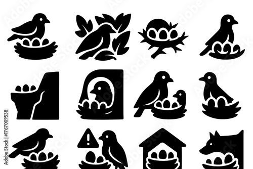 Nest Protection Icons. Solid style icons of Nest Protection: bird covering nest, hidden in leaves, camouflaged nest, thorny branch