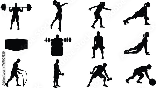 Fitness silhouettes, workout exercise poses, gym training icons, strength lifting, cardio jump rope, dumbbell workout, plank position, sports illustration vector