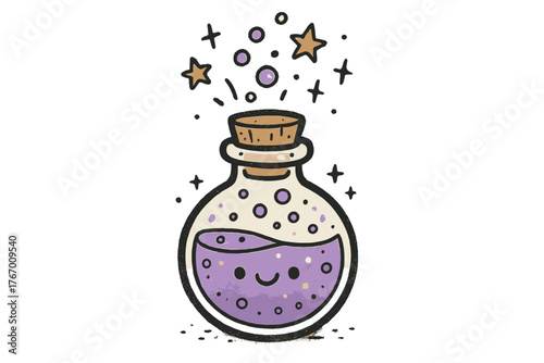 Sparkling Potion Bottle. Playful potion bottle bubbling with happy sparkles, tiny doodle stars rising from the top