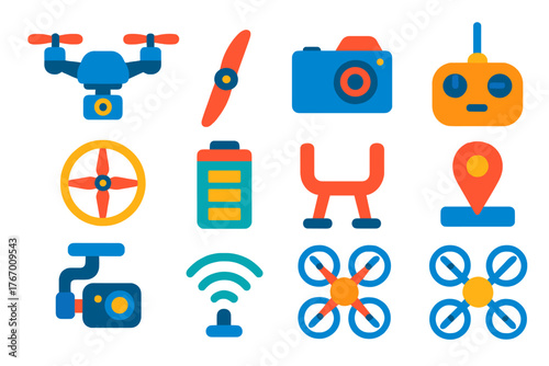 Drone Equipment Icons. Flat vector icons of Drone Equipment: drone, propeller, camera, remote, rotor, battery, landing gear,