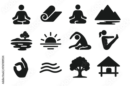 Yoga Retreat Icons. Solid style icons of Yoga Retreat: lotus position, yoga mat, meditation pose, mountain view, calm lake, rising