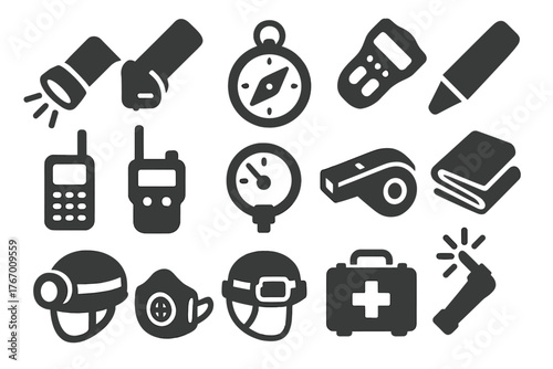 Speleology Tools Icons. Solid style icons of Speleology tools and safety: flashlight, cave compass, oxygen meter, chalk marker,
