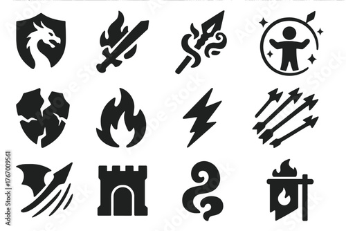 Dragon Battle Icons. Solid style icons of Dragon battle and defense: knight shield, flaming sword, enchanted spear, magic barrier,