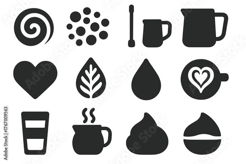 Coffee and Milk Icons. Solid style icons of Milk and foam textures: milk swirl, microfoam texture, steam wand, milk jug, foam