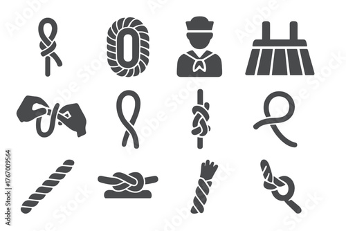 Nautical Knot Icons. Solid style icons of Nautical Knot: bowline knot, rope coil, sailor figure, ship deck, tying motion, looped
