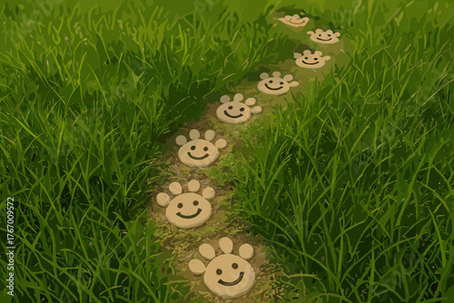 Happy Animal Tracks. Adorable animal tracks winding through grass, each print with a tiny happy face