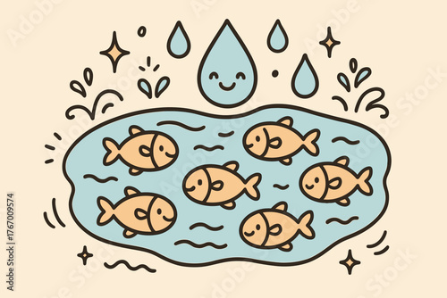 Joyful Pond Scene. Sweet doodle vector illustration of a collection pond filled with smiling fish and droplets, surrounded by
