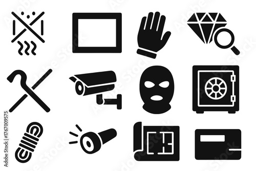 Heist Tools Icons. Solid style icons of Museum Theft: Laser Grid, Empty Frame, Gloved Hand, Diamond Cutter, Crowbar, Security