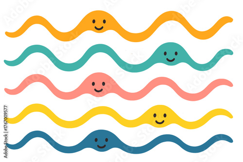 Smiling Sound Waves. Friendly sound waves undulating across the scene, each wave with a tiny smiling face