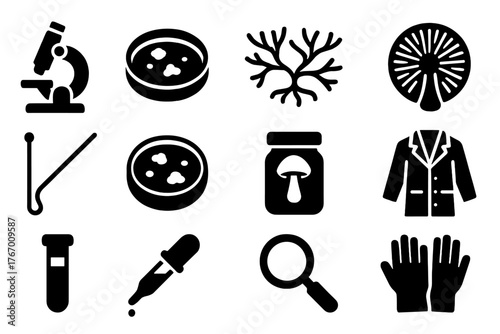 Mycology Lab Essentials. Solid style icons of Laboratory Mycology: Microscope, Petri Dish, Mycelium, Spore Print, Inoculation Loop