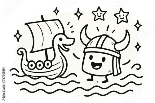 Joyful Longship Chat. Playful doodle vector scene of a longship and helmet chatting joyfully, with doodle waves, sparkles, and