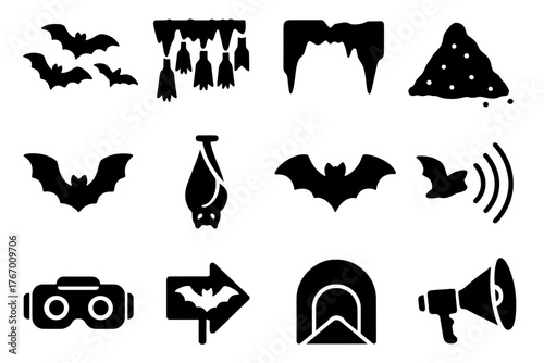 Bat Colony Icons. Solid style icons of Bat Colony: flying bats, hanging bats, cave ceiling, guano pile, fluttering wings, sleeping