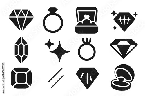 Diamond Icons Collection. Solid style icons of Diamond: diamond facet, engagement ring, jewelry box, light brilliance, gemstone