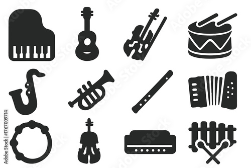 Musical Instrument Icons. Solid style icons of Musical Instruments: Piano, Guitar, Violin, Drum, Saxophone, Trumpet, Flute,