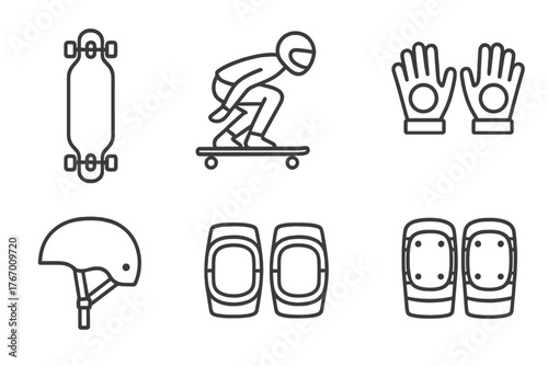 Longboarding Icon Set. Line style icons of longboarding: longboard, downhill ride, cruising stance, slide gloves, helmet, knee