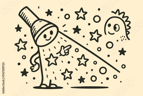 Doodle Light Beam. Delightful doodle vector artwork of a light beam character illuminating doodle stars and bubbles, with a
