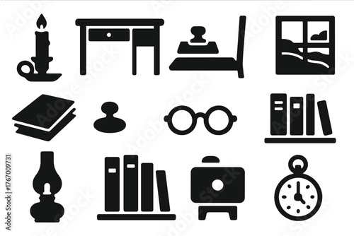 Vintage Writing Desk. Solid style icons of Desk and writing setting: candle holder, wooden desk, ink blotter, writing mat, chair